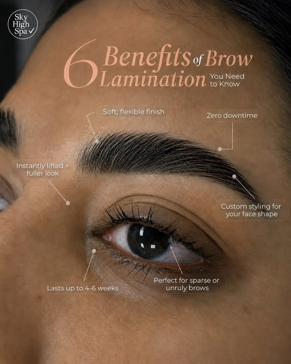 Sky High Spa's list of six benefits of brow lamination: a soft, flexible finish; an instantly lifted, fuller look; zero downtime; custom styling for your face shape; lasts up to 4 to 6 weeks; perfect for sparse or unruly brows