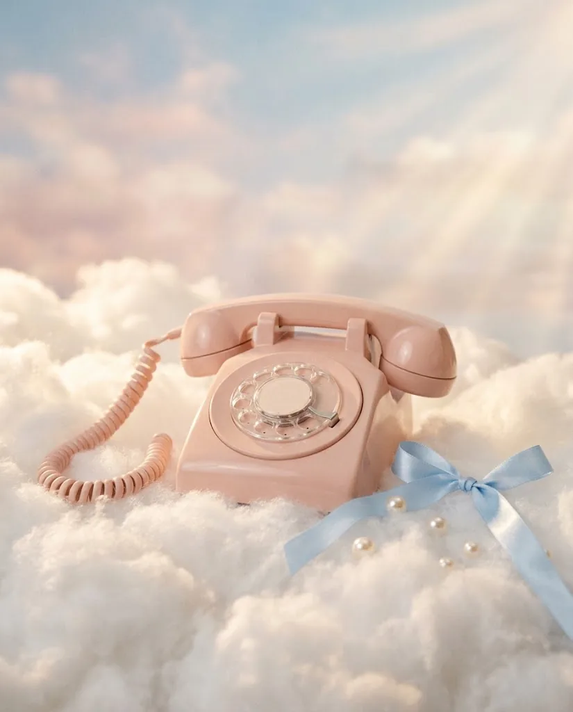 A blush-pink vintage telephone resting on clouds, its cord curling, with a blue ribbon and pearls