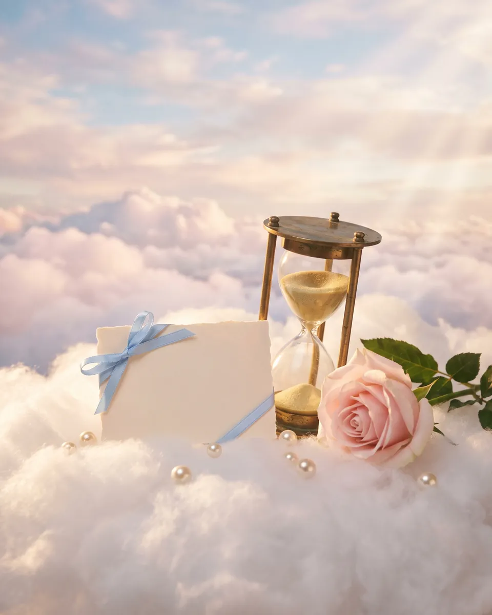 A brass hourglass, a blank cream card tied with a baby-blue ribbon, pearls and a pink rose, resting on clouds