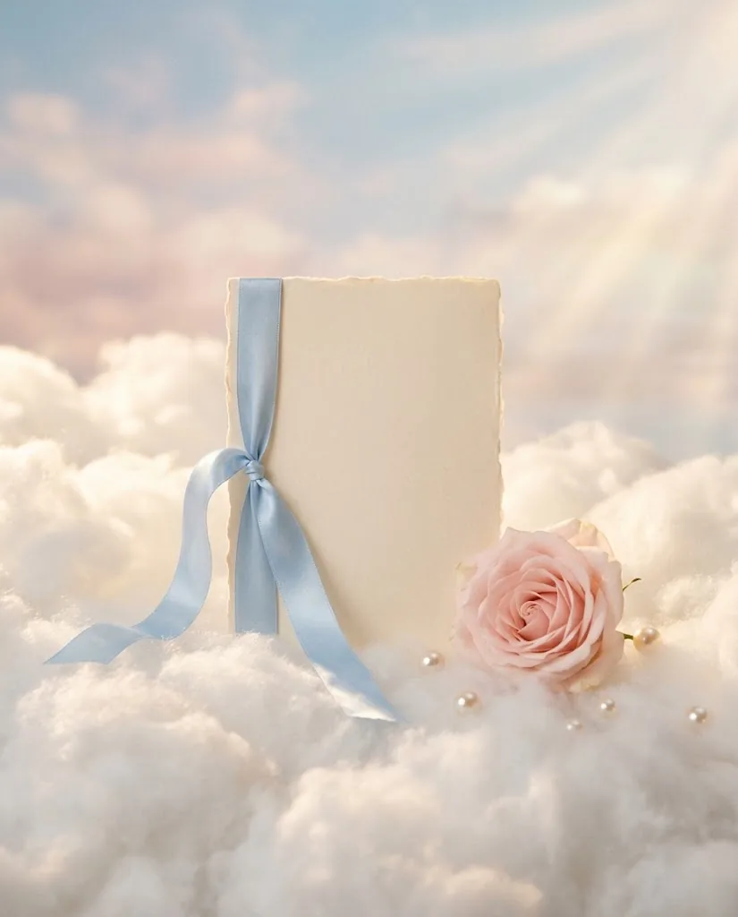 A blank vintage menu card tied with a baby-blue ribbon, with pearls and a pink rose, resting on clouds