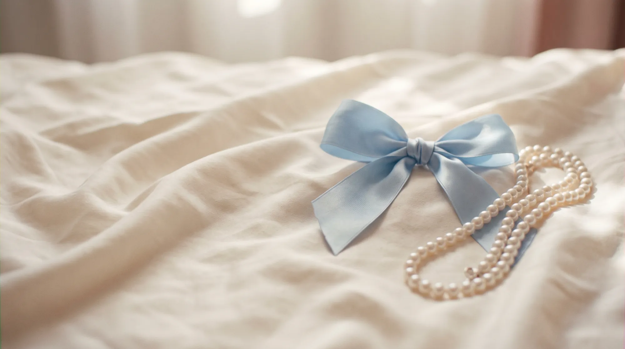 A baby-blue satin bow and pearls on cream silk