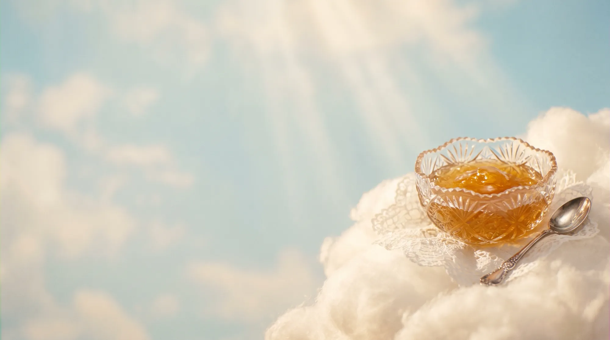 A crystal dish of golden sugar paste on lace, resting on a cloud in soft heavenly light