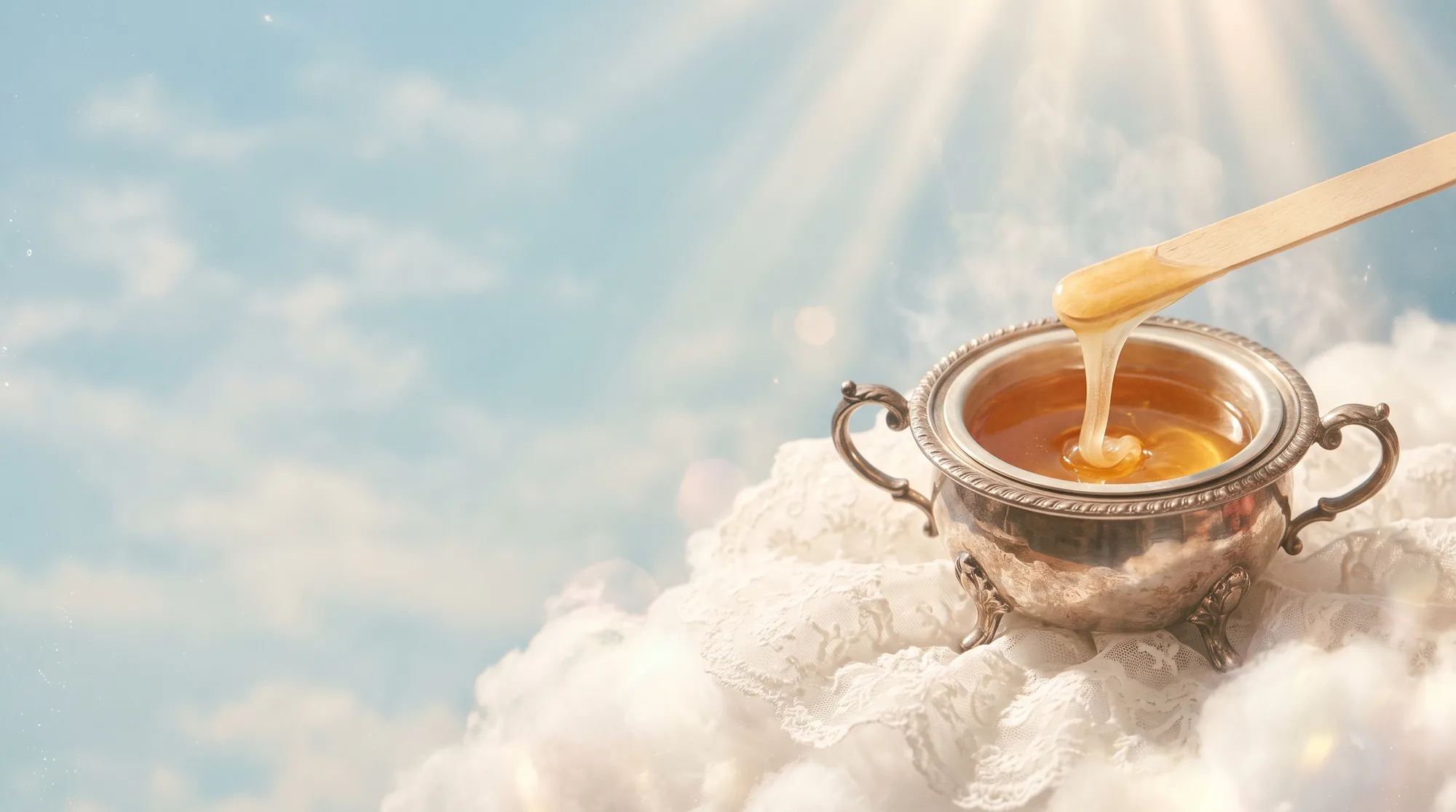 A silver pot of warm golden wax with a wooden spatula, resting on a cloud in soft heavenly light