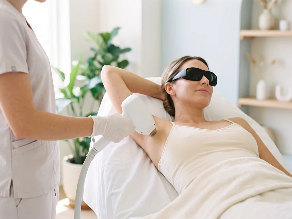 A client in laser goggles having underarm laser hair removal