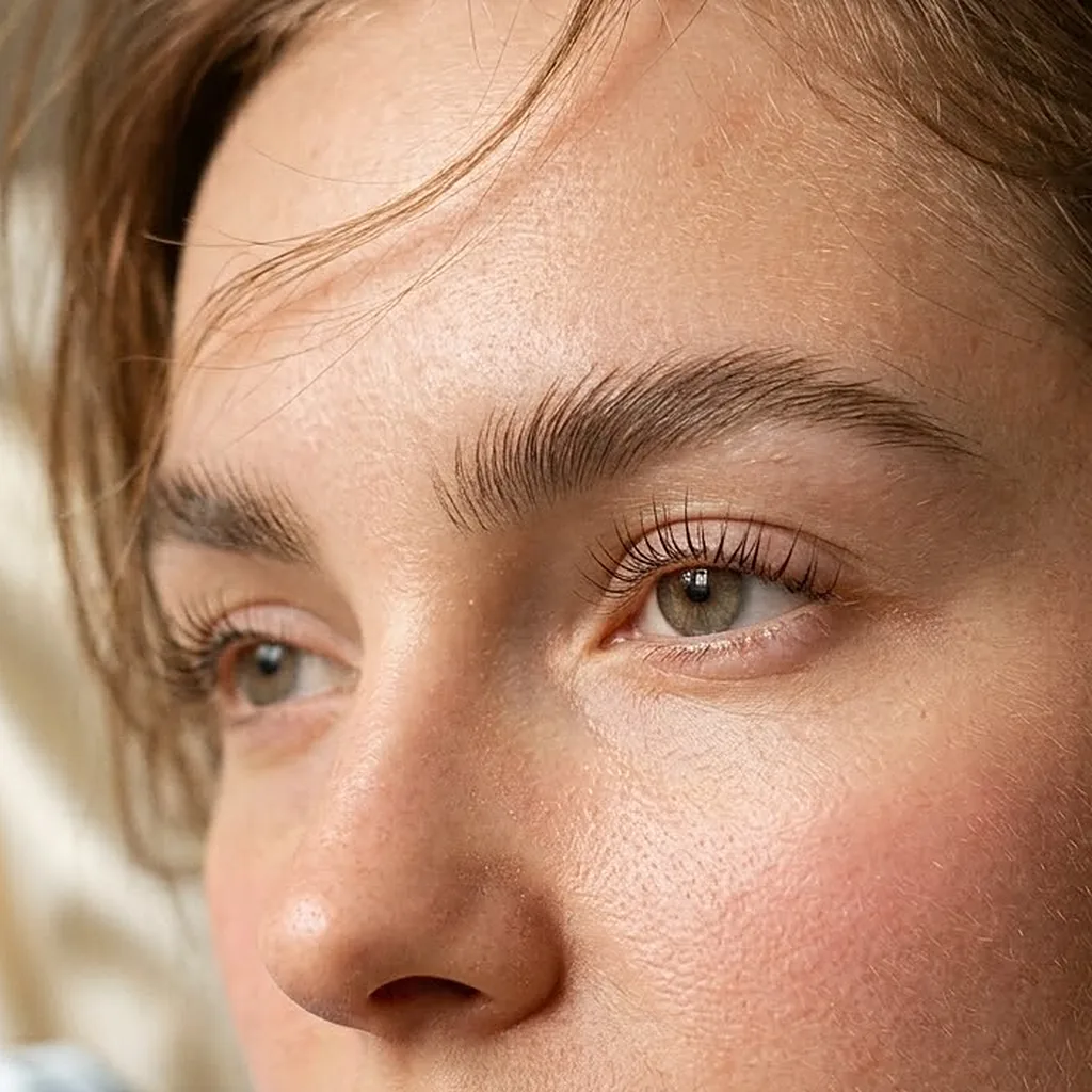 Laminated brows and lifted lashes, close up