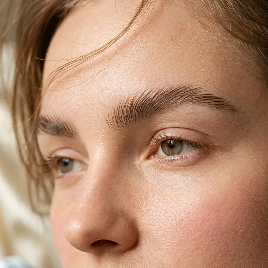 The same face with laminated brows brushed up and set