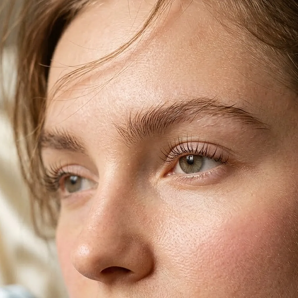 The same face with her natural lashes lifted and curled