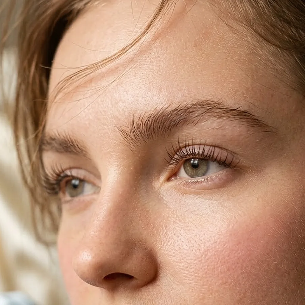 The same face with lifted, darker tinted lashes