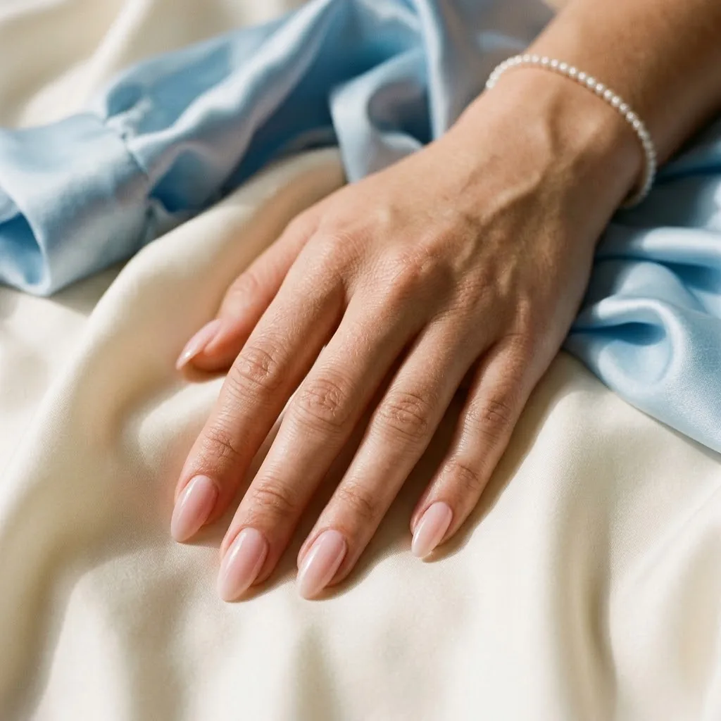 A hand with milky pink gel nails resting on cream silk