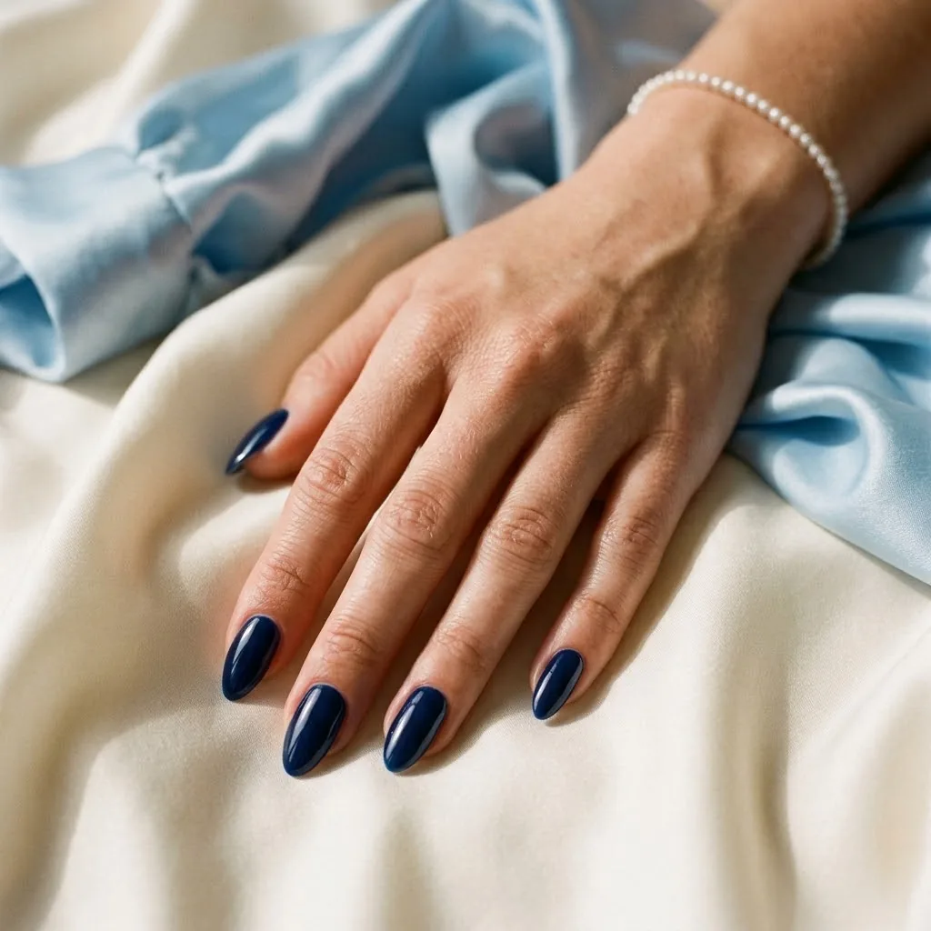 The same hand with glossy navy gel nails