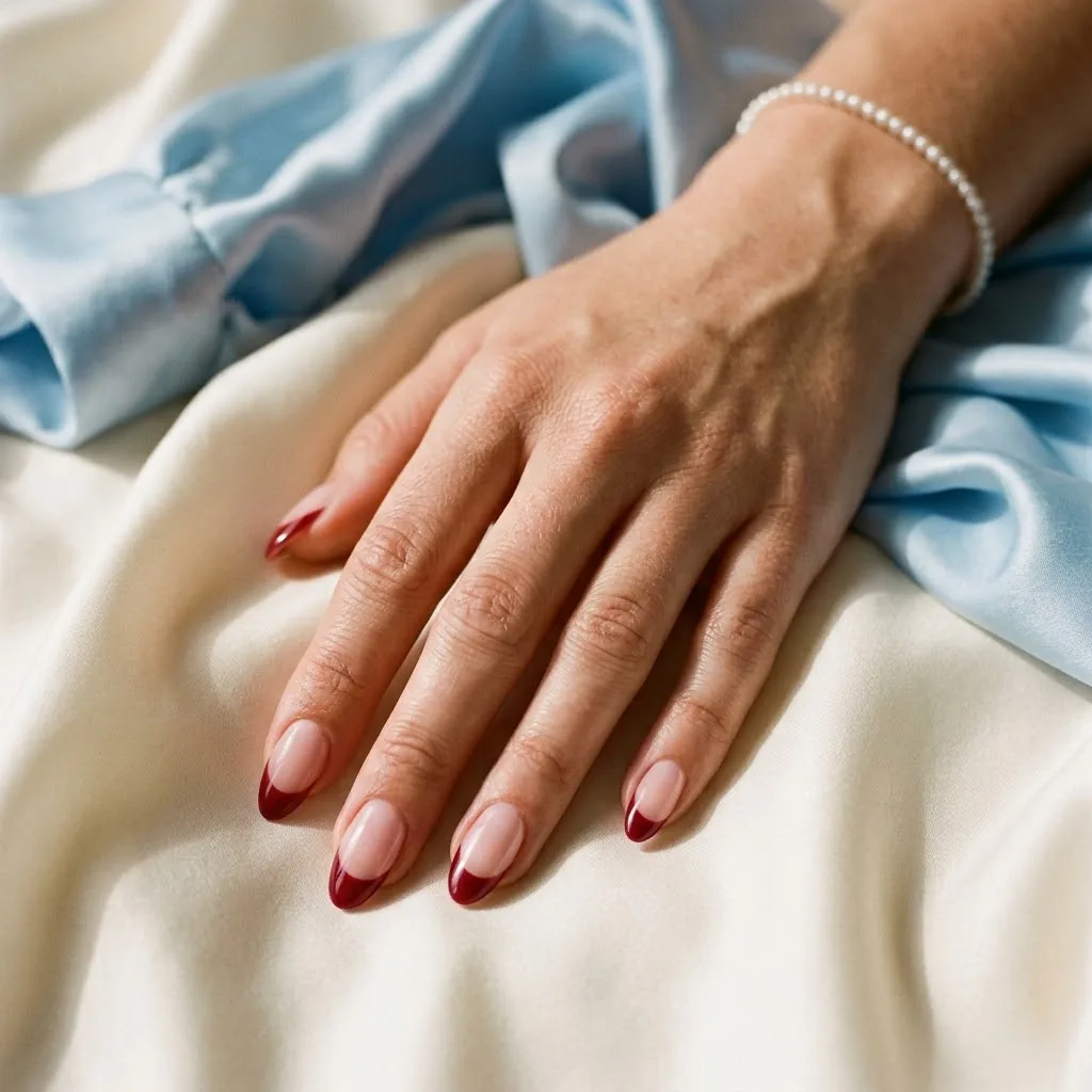 A hand with cherry-red French tips resting on cream silk
