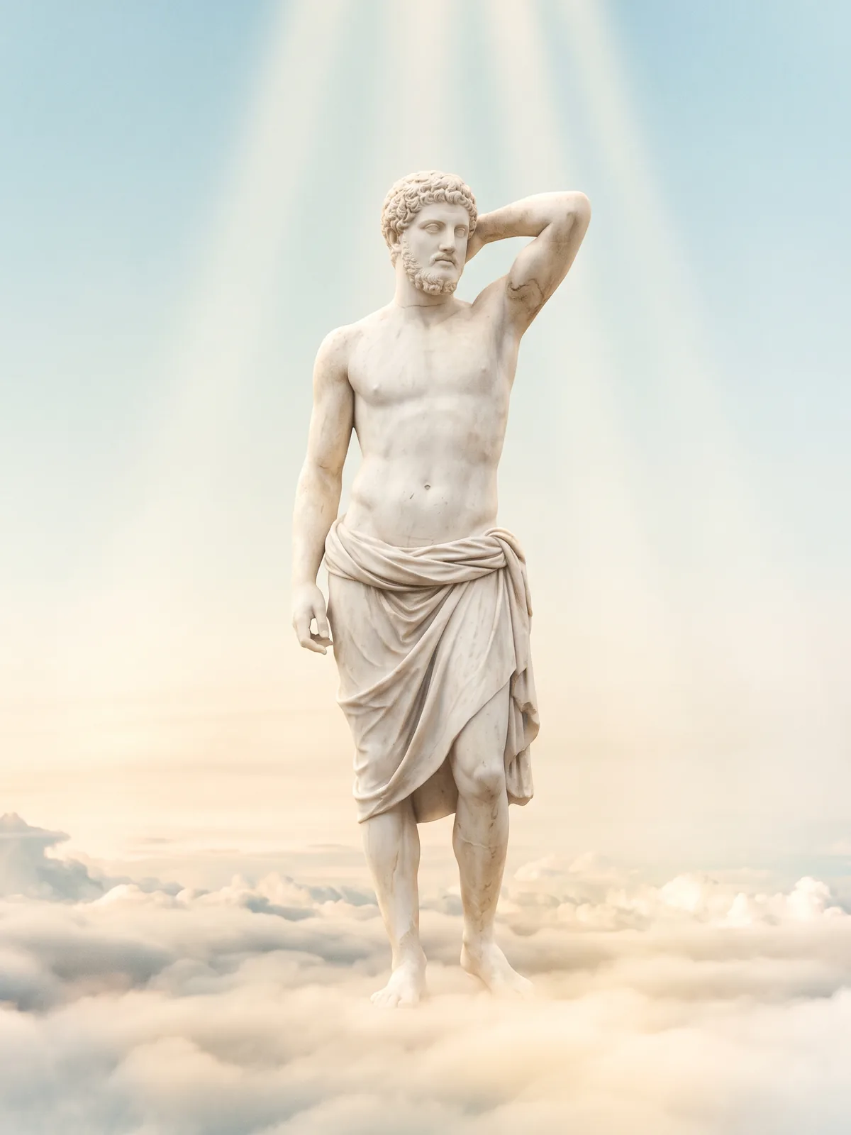 A white marble statue of a bearded man standing on clouds in a heavenly sky