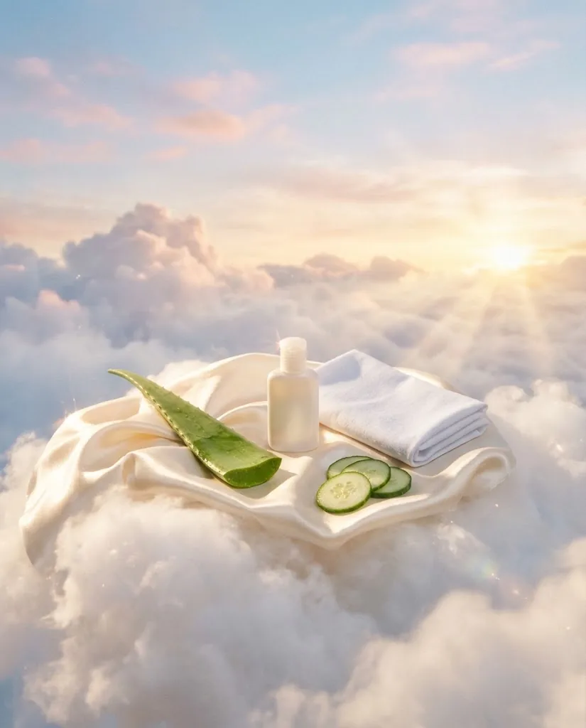 An aloe vera leaf, a bottle of sunscreen, a cool white cloth and cucumber slices on satin