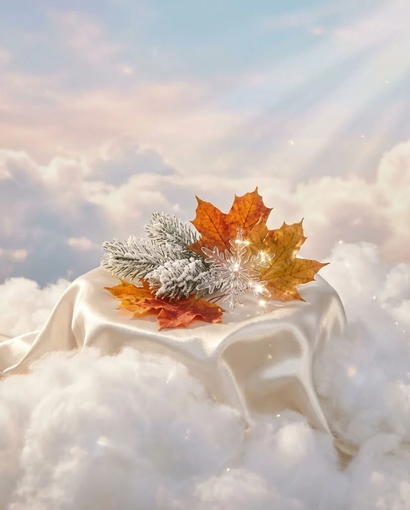 Autumn maple leaves and a frosted pine sprig with a snowflake ornament on satin