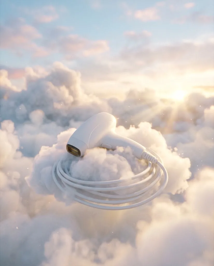 A white laser handpiece resting on a cloud in soft light rays