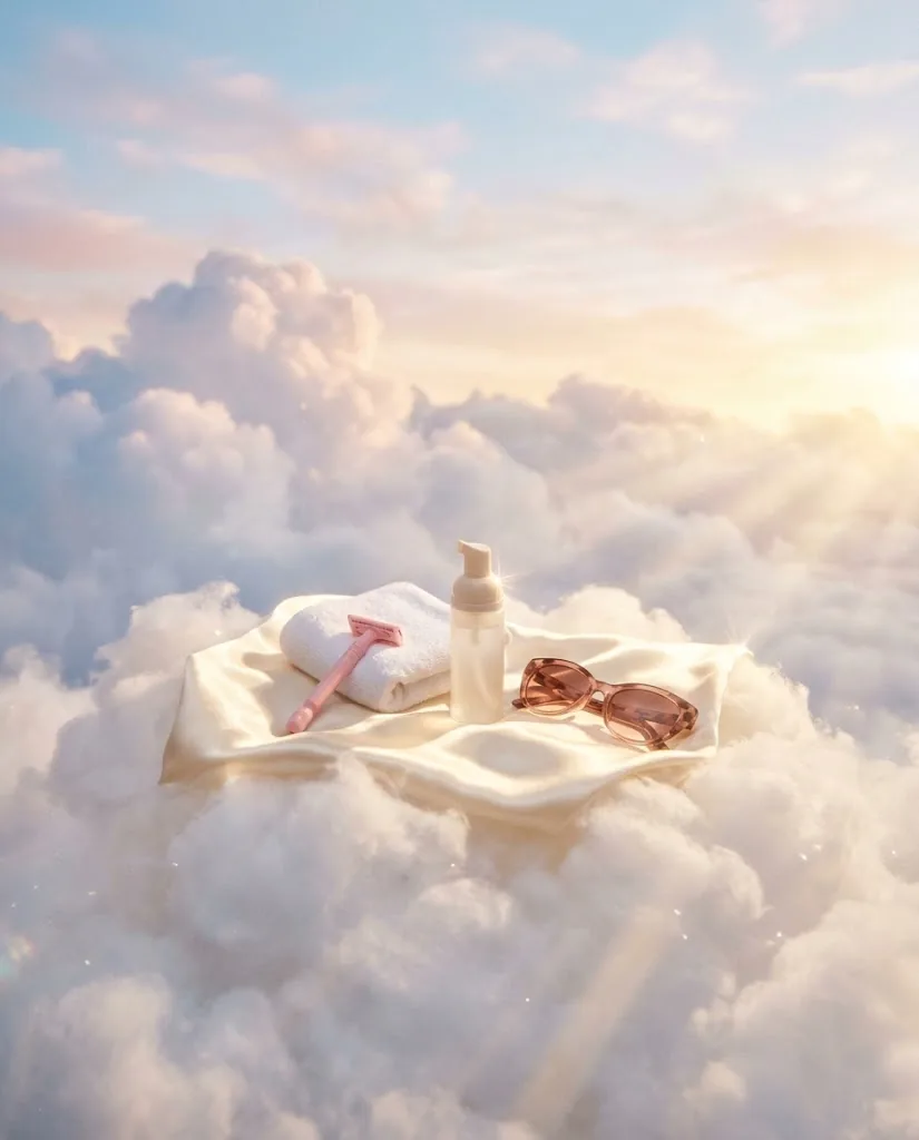 A pink razor, a white towel, a cleanser bottle and sunglasses on satin