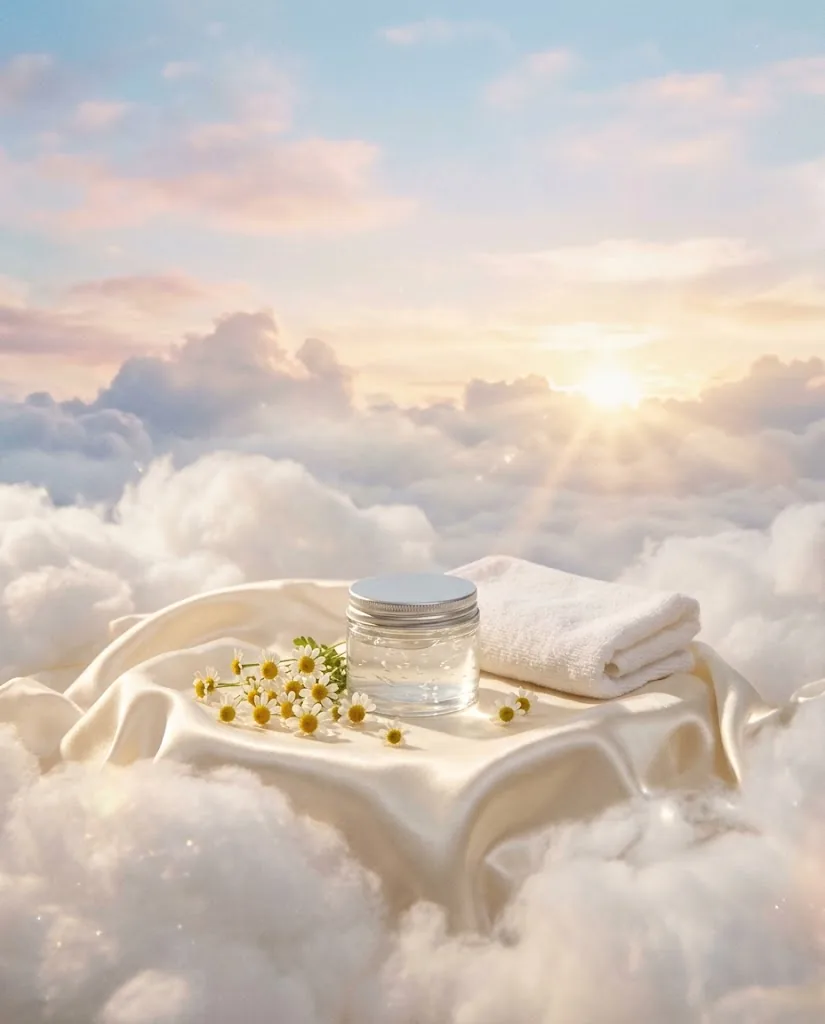 A jar of soothing gel, a white washcloth and chamomile flowers on satin