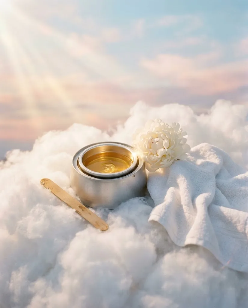 A silver wax warmer of golden wax, a wooden spatula, a white towel and a peony