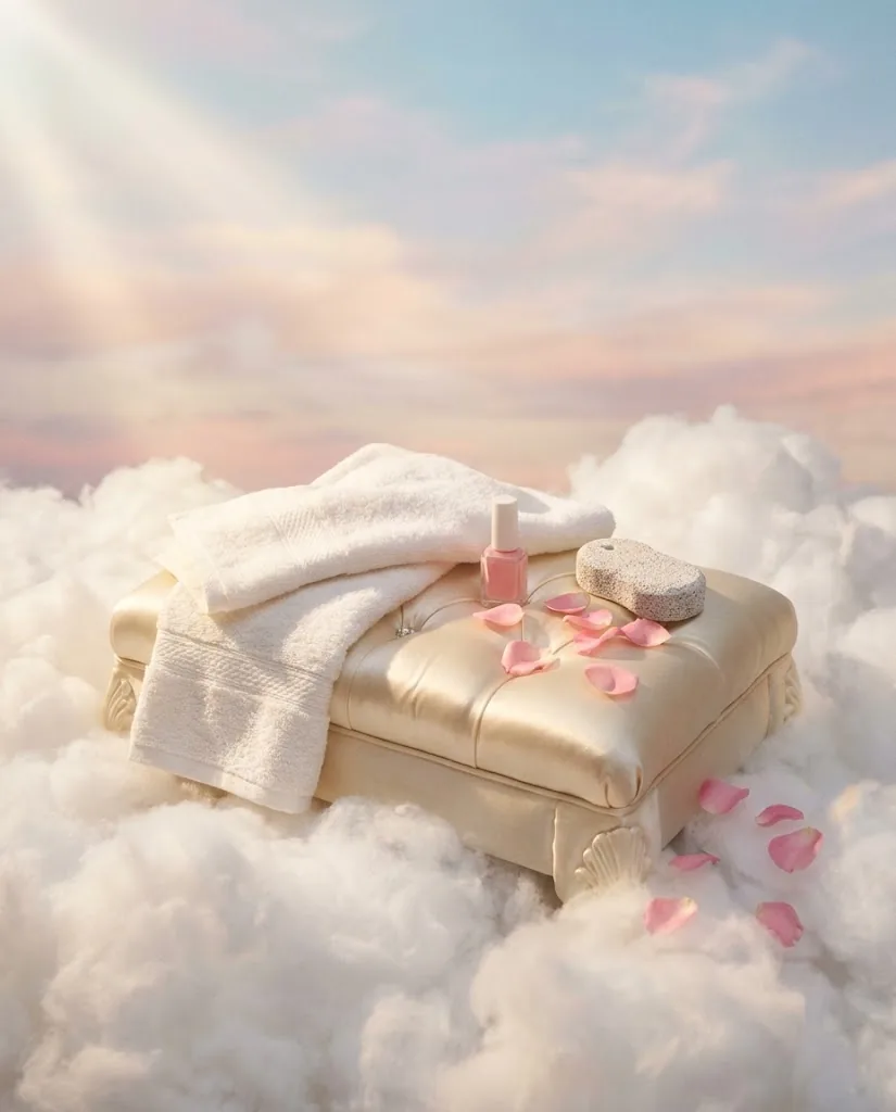 A satin footstool, a white towel, pink nail polish, rose petals and a pumice stone on a cloud