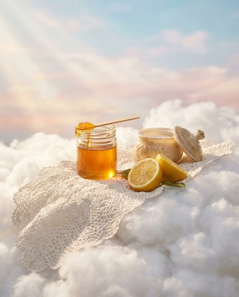 A jar of golden sugar paste, lemon halves and a sugar bowl on lace