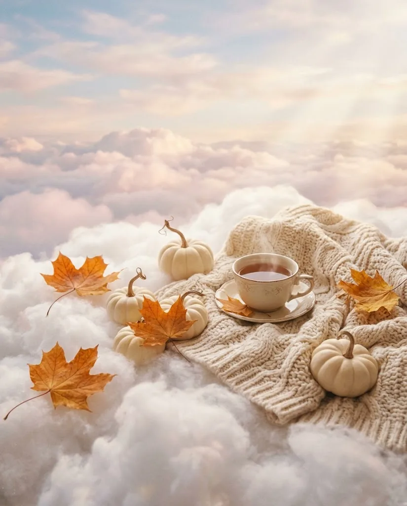 Autumn maple leaves, tiny white pumpkins, a knitted throw and a cup of tea on a cloud