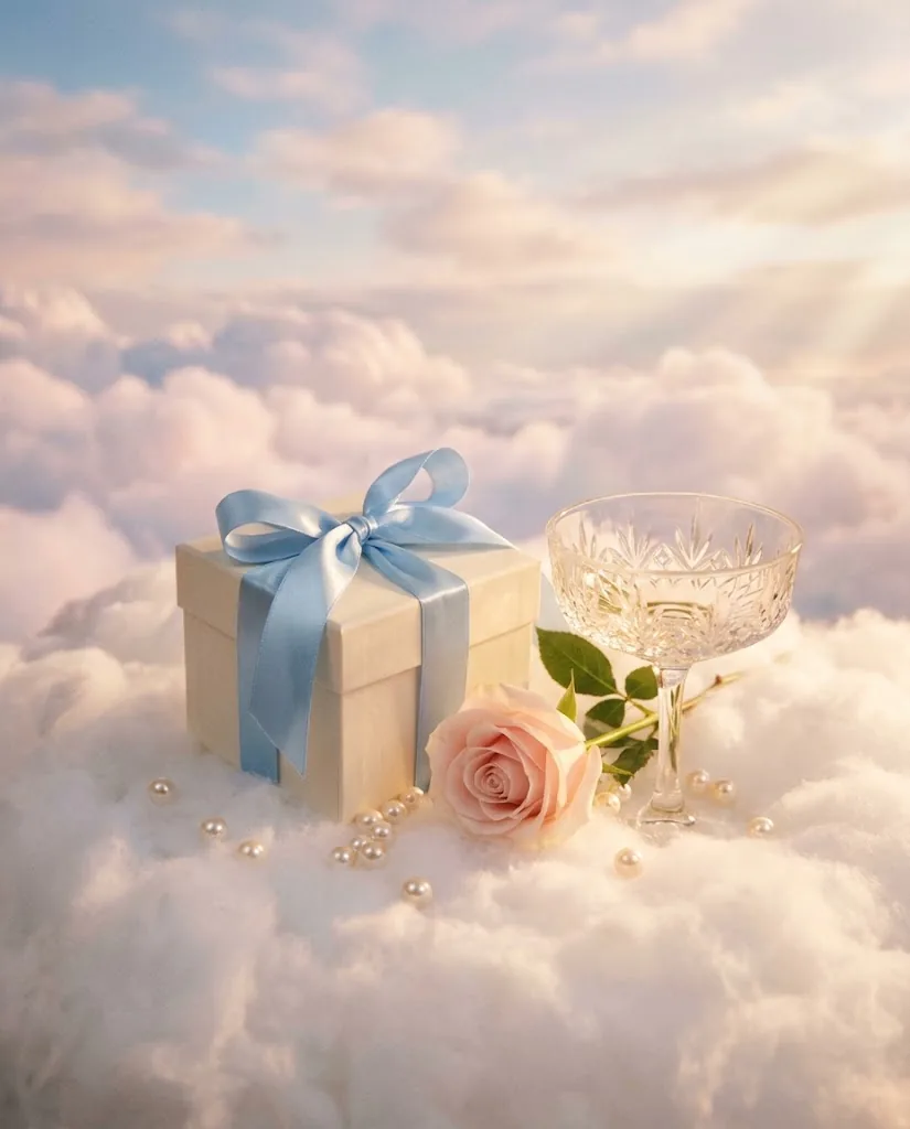 A cream gift box tied with a baby-blue ribbon, a pink rose, pearls and a champagne coupe on a cloud