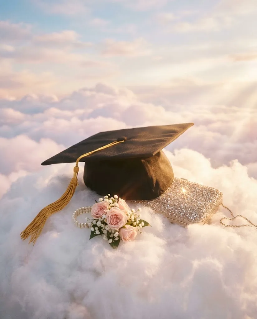 A graduation cap with a gold tassel, a pink rose corsage and a sparkly clutch on a cloud