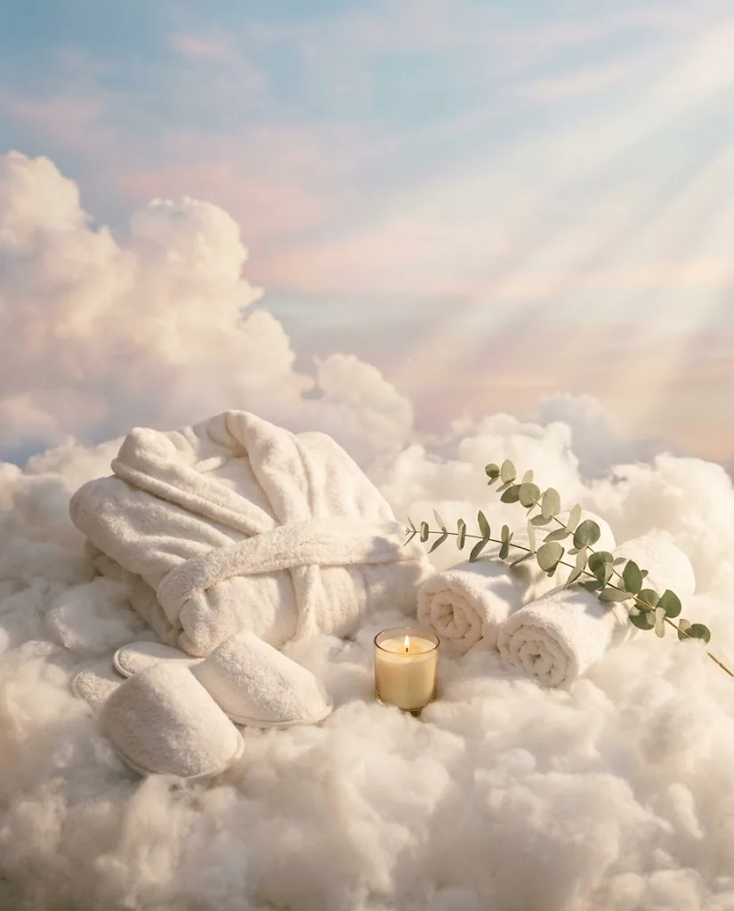 A white bathrobe, spa slippers, rolled towels, a candle and eucalyptus on a cloud