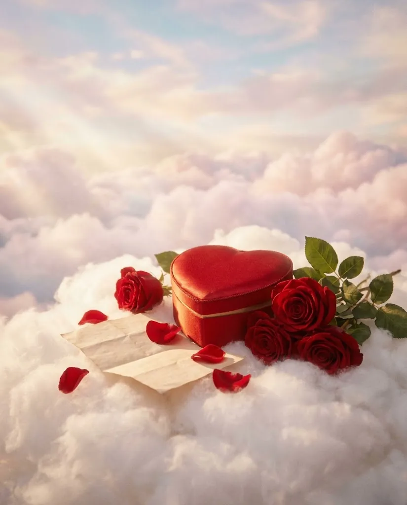 A red satin heart-shaped box, red roses and a folded love letter on a cloud