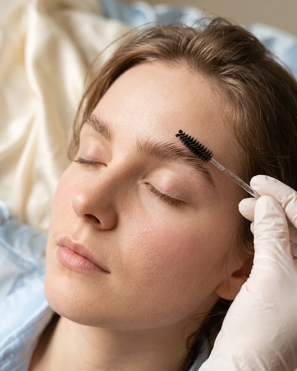 Brow hairs brushed up and set during a brow lamination
