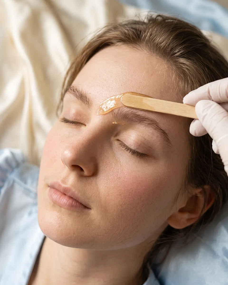Warm wax being smoothed under a brow to shape it