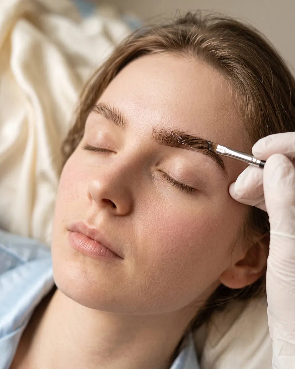 Tint being brushed onto a shaped brow