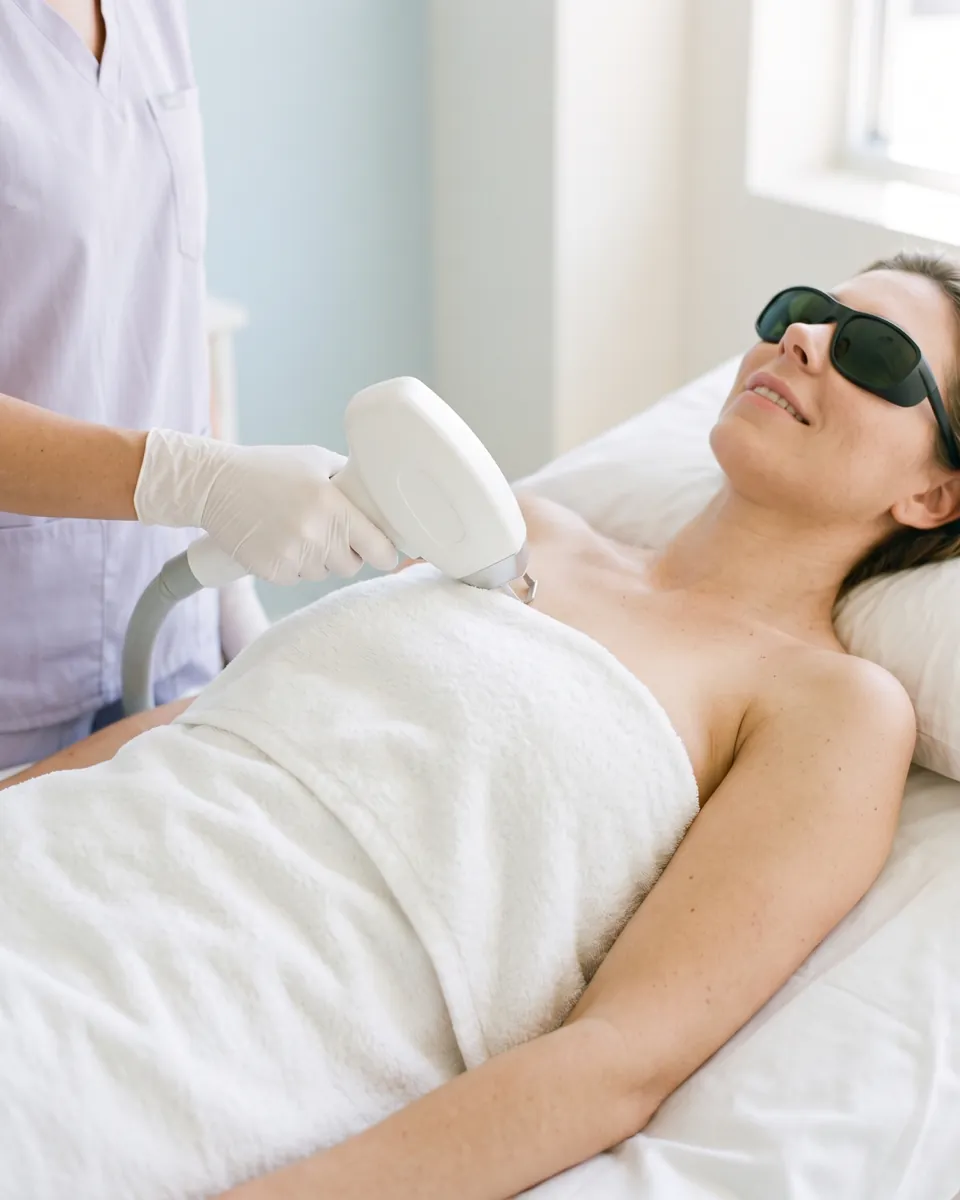 A discreet chest laser session, the client wrapped in a towel