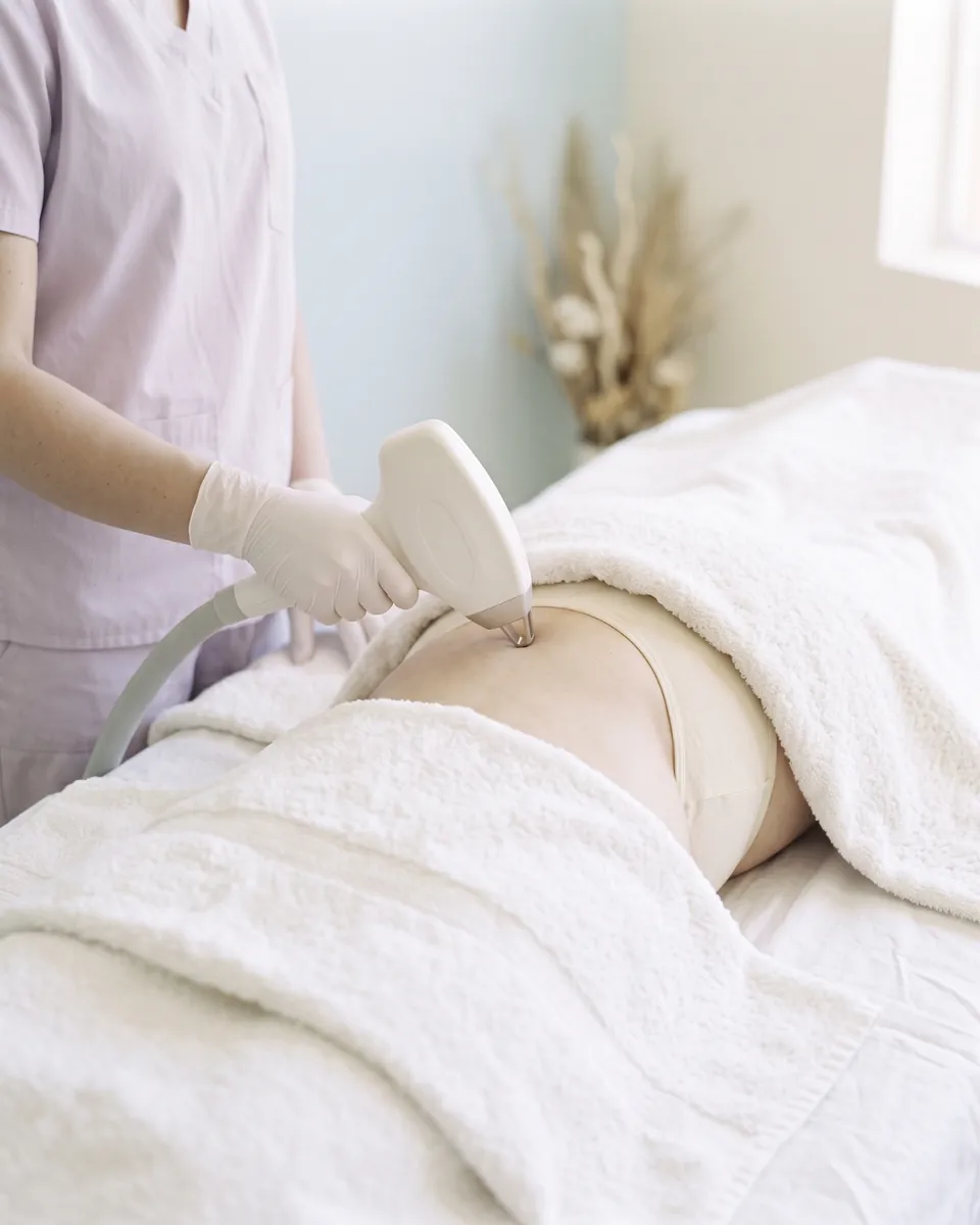 A discreet laser session on the buttocks, the client covered by a towel