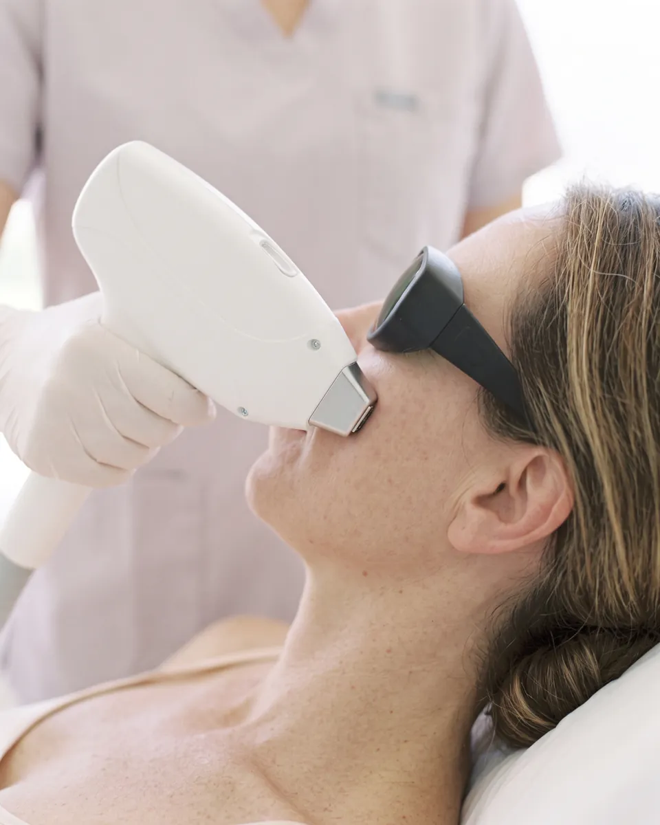 The laser handpiece on the upper cheek, just below the client's protective glasses