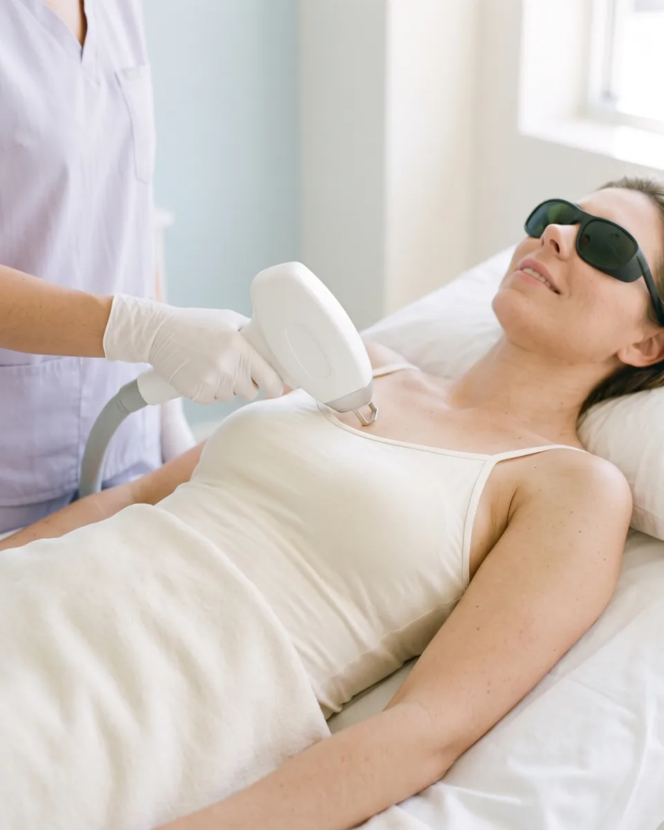 The laser handpiece on a client's upper chest