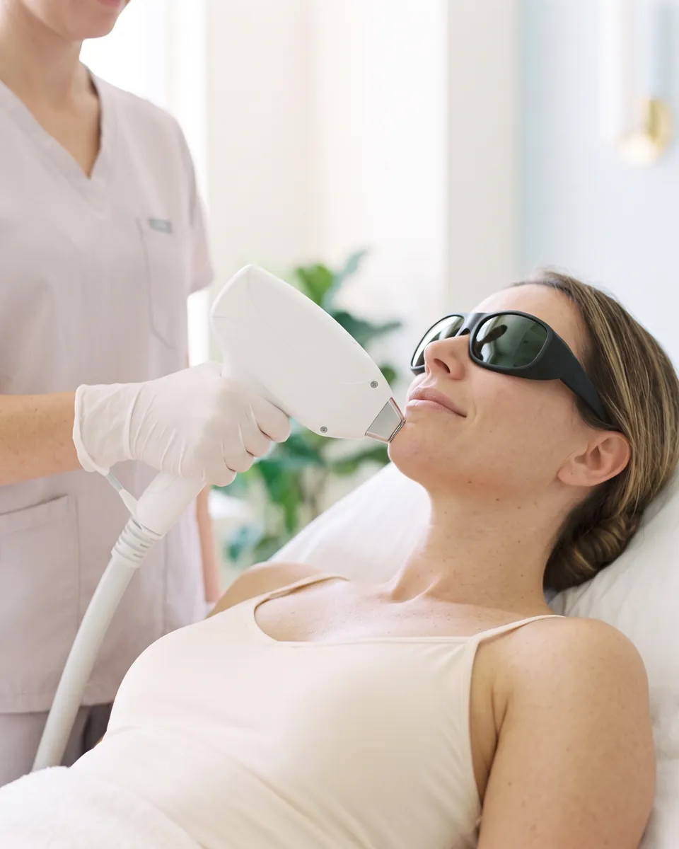The laser handpiece on a client's chin, the client in protective glasses