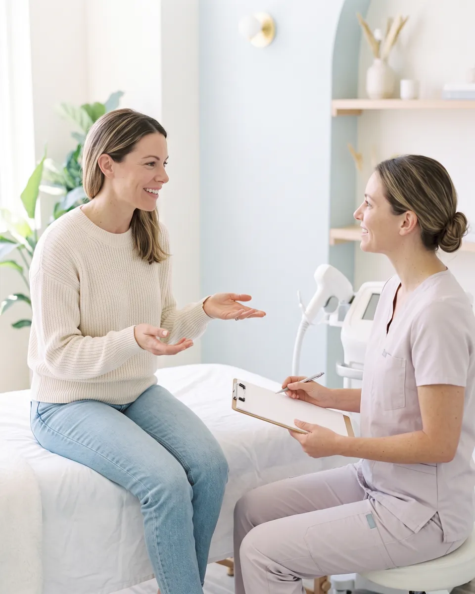 A technician talking a client through her laser options before any treatment