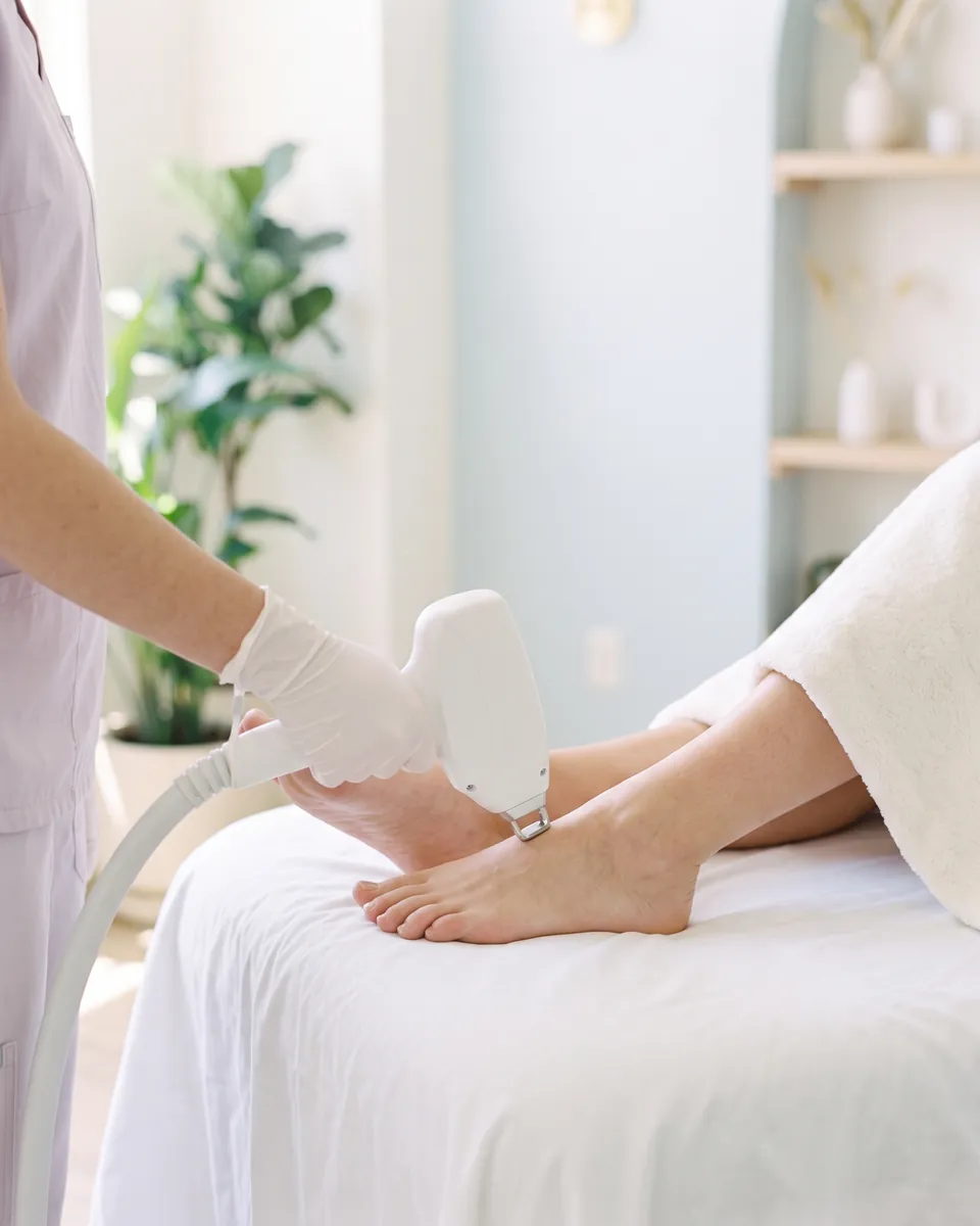 The laser handpiece on the top of a client's foot