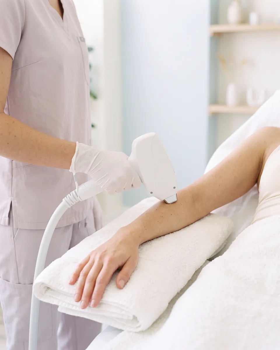 The laser handpiece on a client's forearm