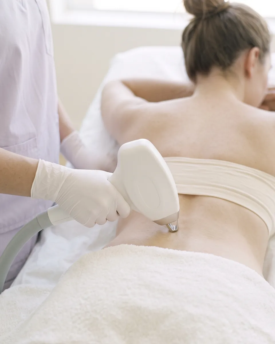 The laser handpiece on a client's lower back