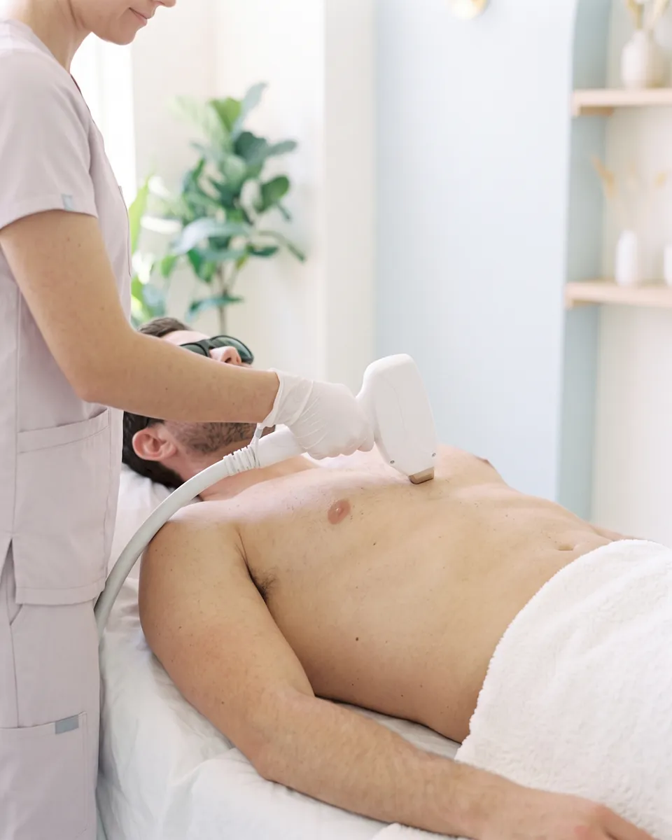 The laser handpiece on a man's chest