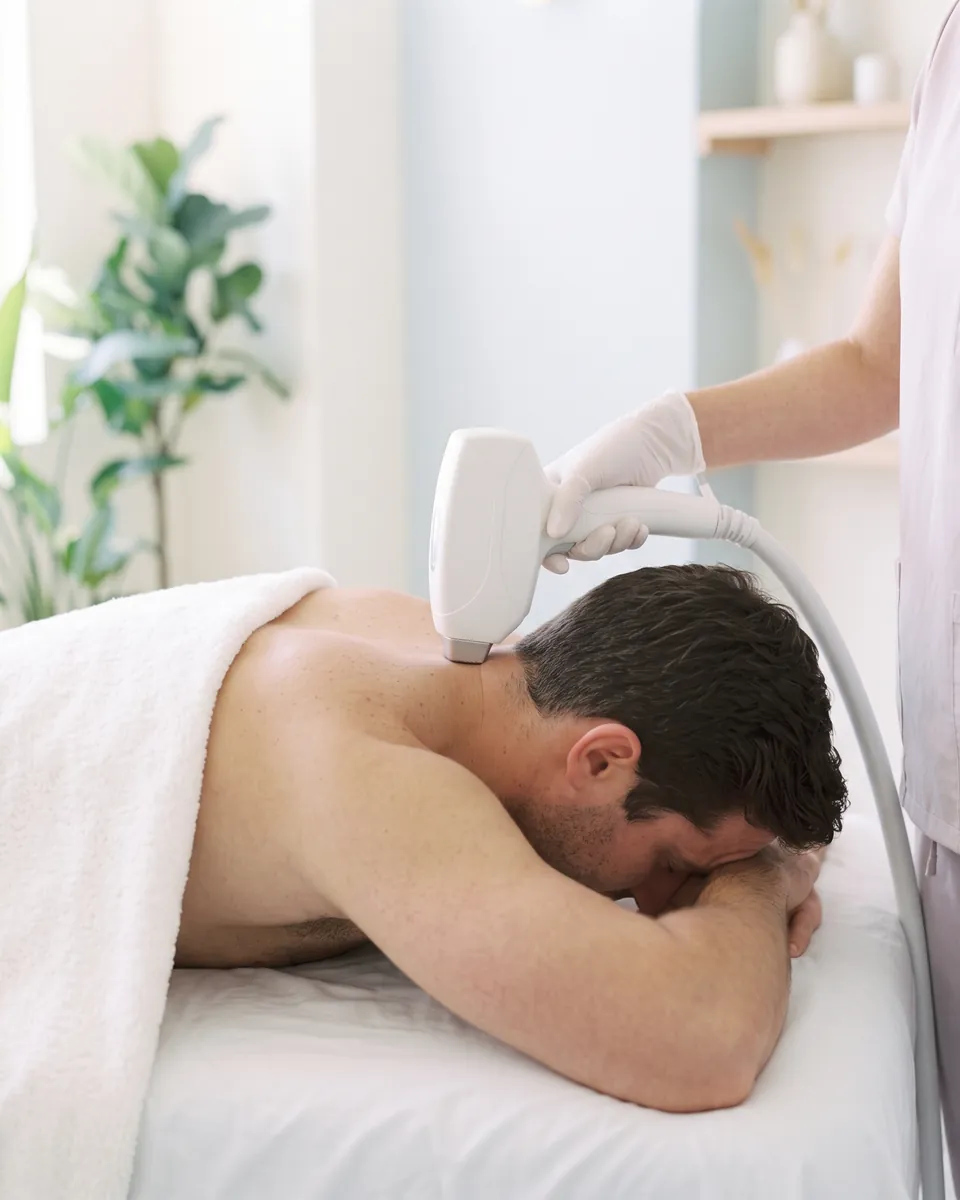 The laser handpiece on the back of a man's neck, below the hairline