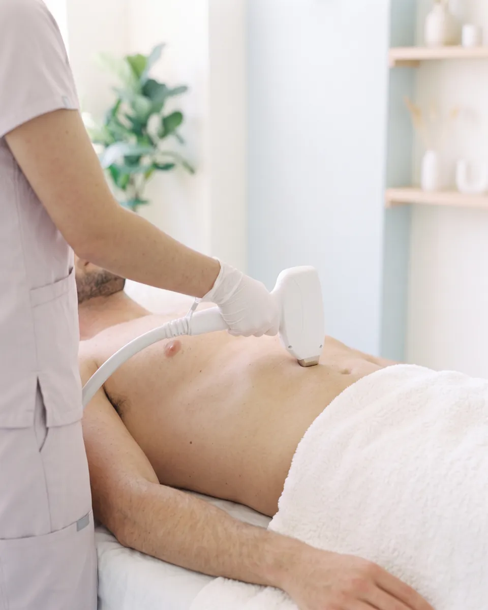 The laser handpiece on a man's stomach