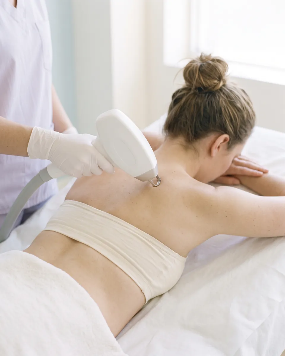 The laser handpiece on the top of a client's shoulder