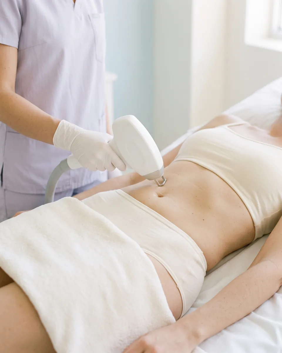 The laser handpiece on a client's stomach