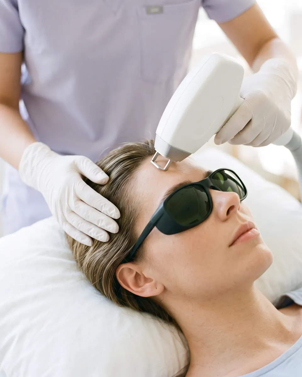 The laser handpiece at the temple by the hairline, the technician holding the client's hair back