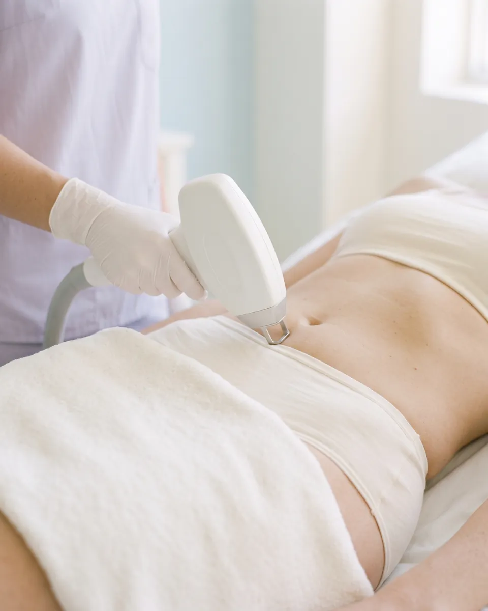 The laser handpiece on the line below the navel