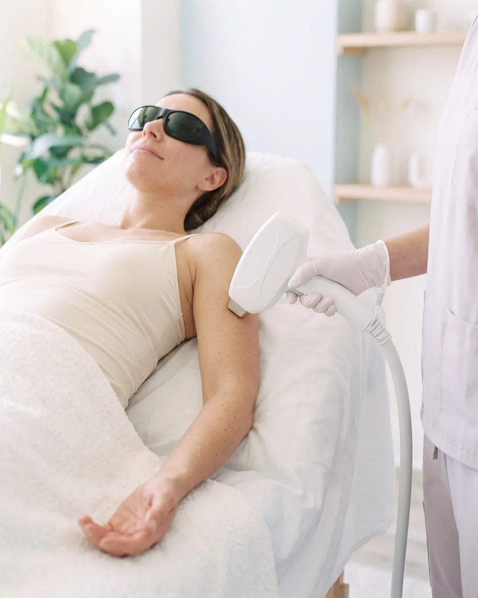 The laser handpiece on a client's upper arm