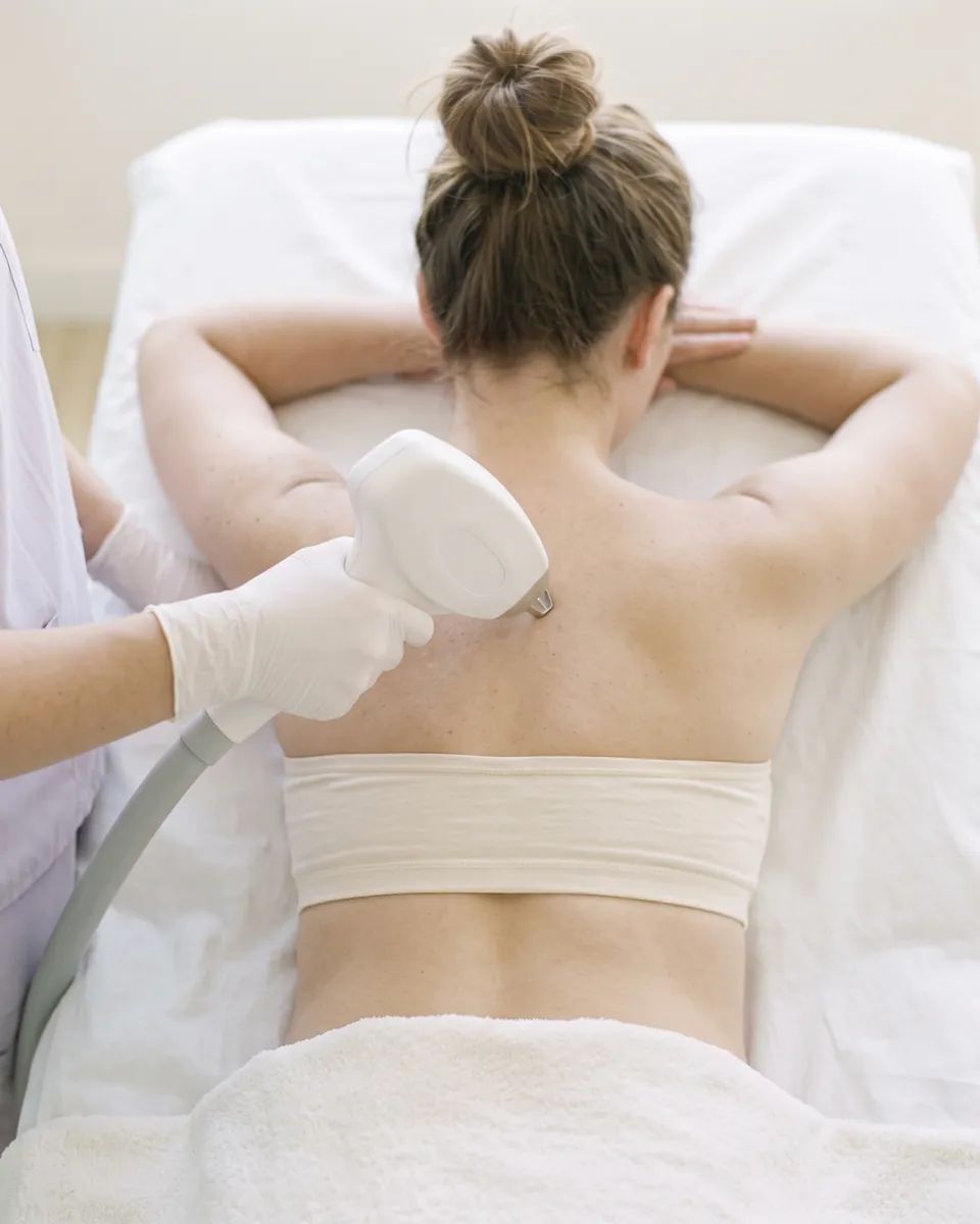 The laser handpiece on a client's upper back